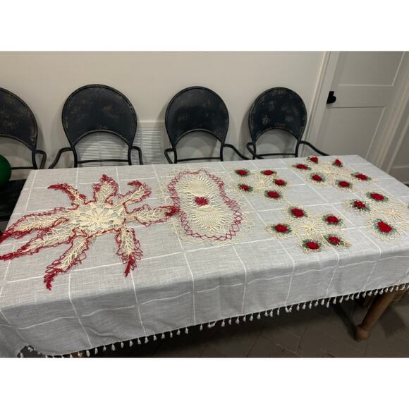 Vintage Hand-Crocheted Christmas Doilies Red Poinsettia Floral Set Holiday - Picture 1 of 7